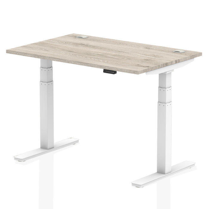 Air 1200/800 Grey Oak Height Adjustable Desk With Cable Ports With White Legs