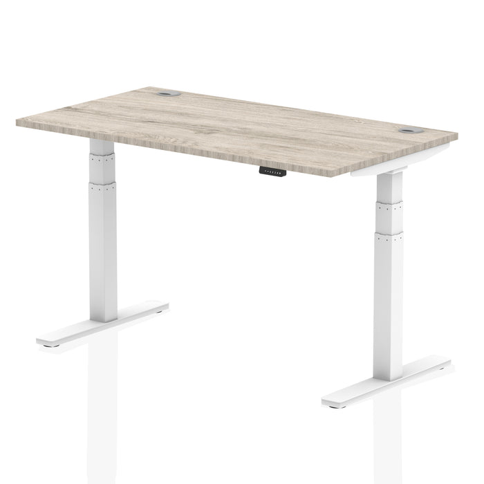 Air 1400/800 Grey Oak Height Adjustable Desk With Cable Ports With White Legs