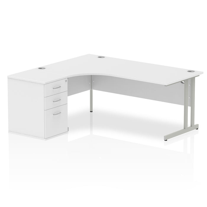 Impulse 1800Mm Left Hand Crescent Desk White Top Silver Cantilever Leg Workstation 600 Deep Desk High Pedestal Bundle