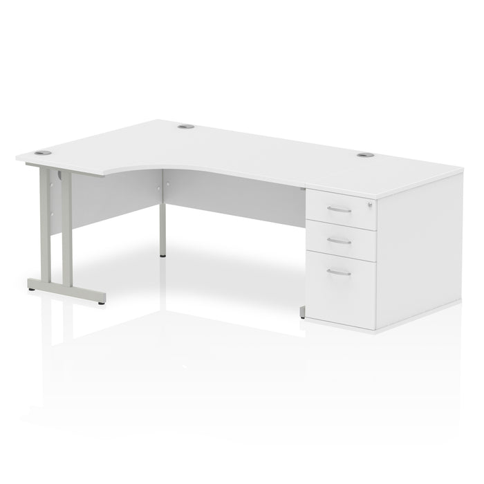 Impulse 1600Mm Left Hand Crescent Desk White Top Silver Cantilever Leg Workstation 800 Deep Desk High Pedestal Bundle
