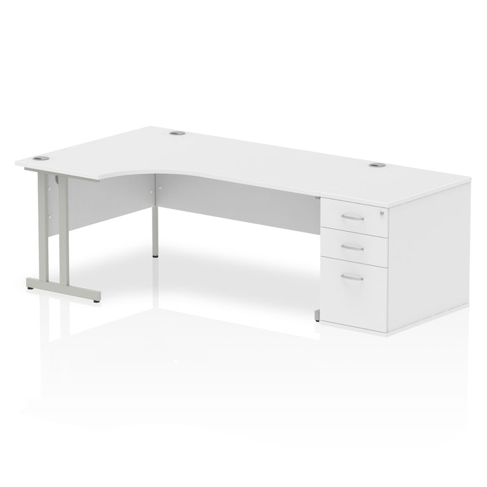 Impulse 1800Mm Left Hand Crescent Desk White Top Silver Cantilever Leg Workstation 800 Deep Desk High Pedestal Bundle