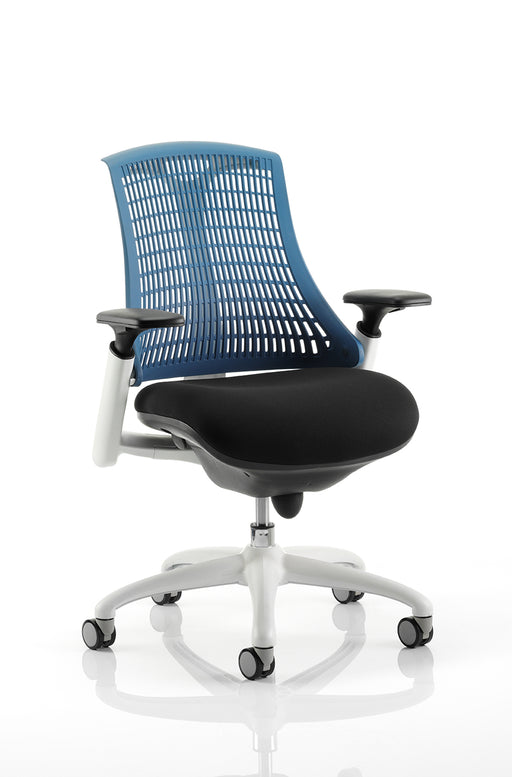 Flex Task Operator Chair White Frame Black Fabric Seat With Blue Back With Arms