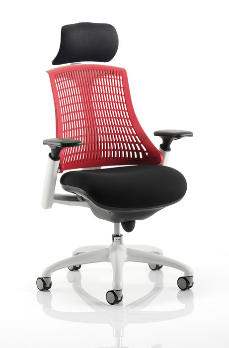 Flex Task Operator Chair White Frame Black Fabric Seat With Red Back With Arms With Headrest