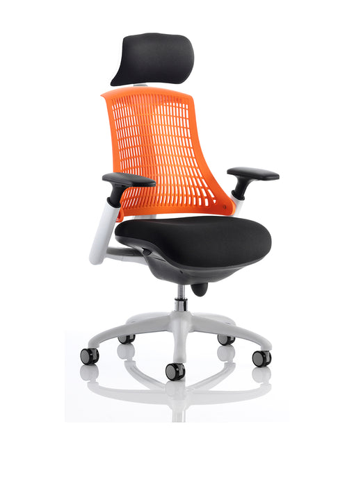 Flex Task Operator Chair White Frame Black Fabric Back With Orange Back With Arms With Headrest