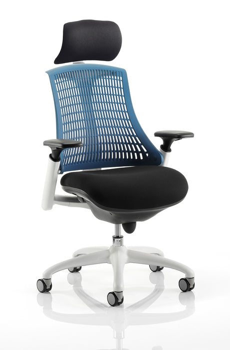 Flex Task Operator Chair White Frame Black Fabric Seat With Blue Back With Arms With Headrest